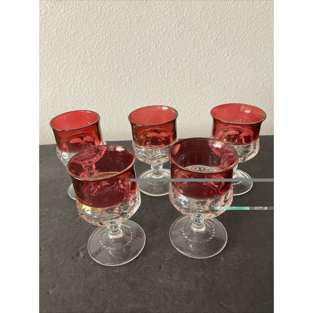 5 Cranberry Ruby Flash Kings Crown Thumbprint Wine Glasses Goblets 4-1/2” 4.5”